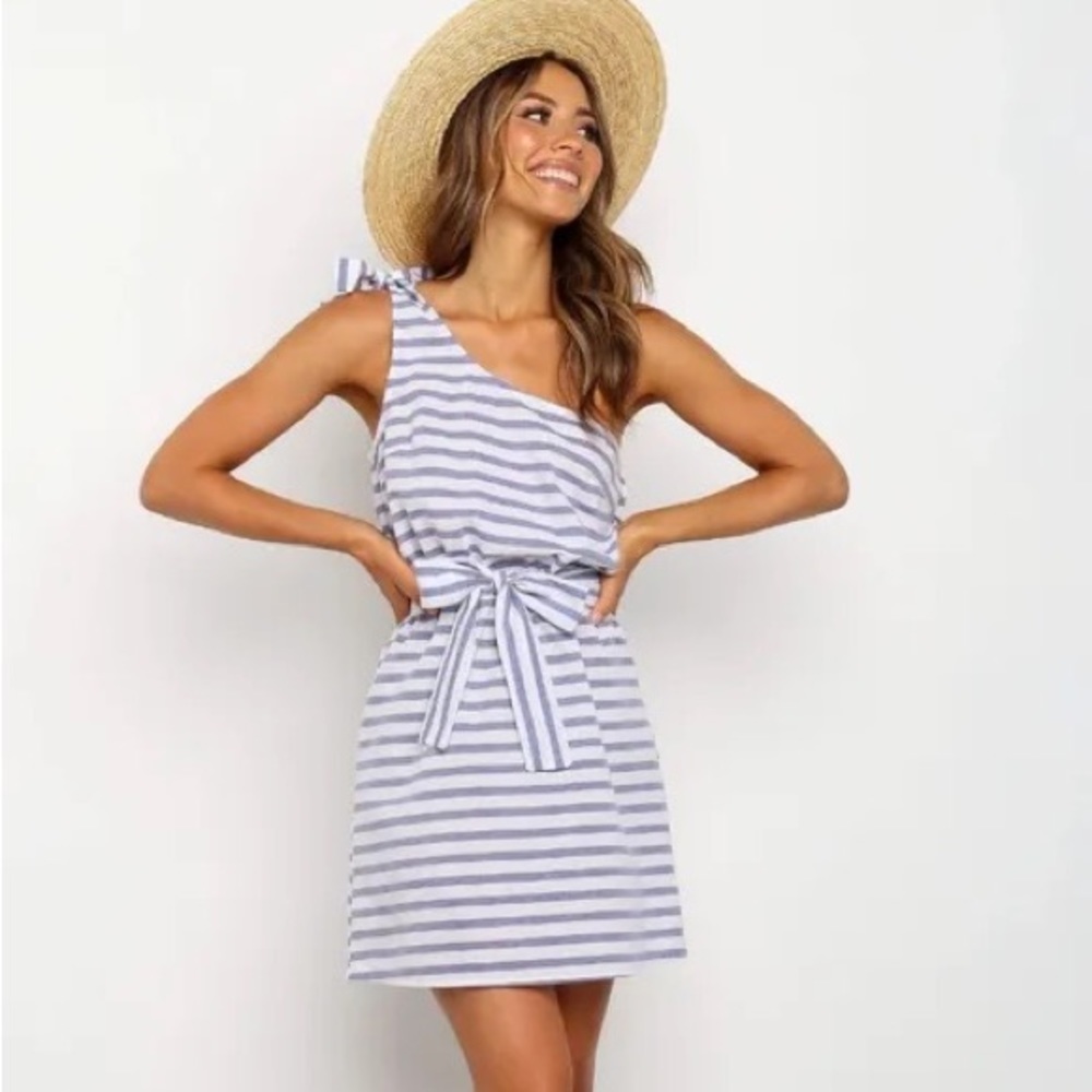 Casual Striped T Shirt Sleeveless One Shoulder Tie Waist Beach Mini Dress size S - Picture 4 of 6